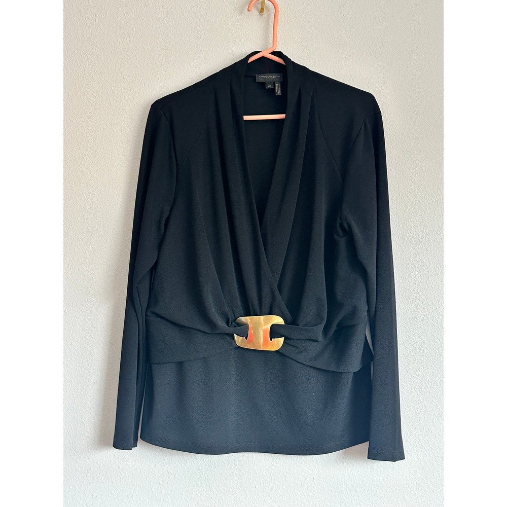 Donna Karan NY Womens XL Black Draped Wrap Top Gold Buckle Long Sleeve Blouse